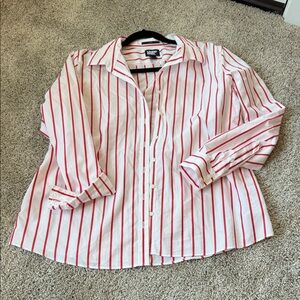 Lands' End Classic Red and White Striped no iron cotton button down Top 16